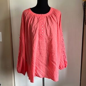 Lane Bryant  Size 22/24 Long-Sleeve coral color CREPE BLOUSE with Lace Yoke.